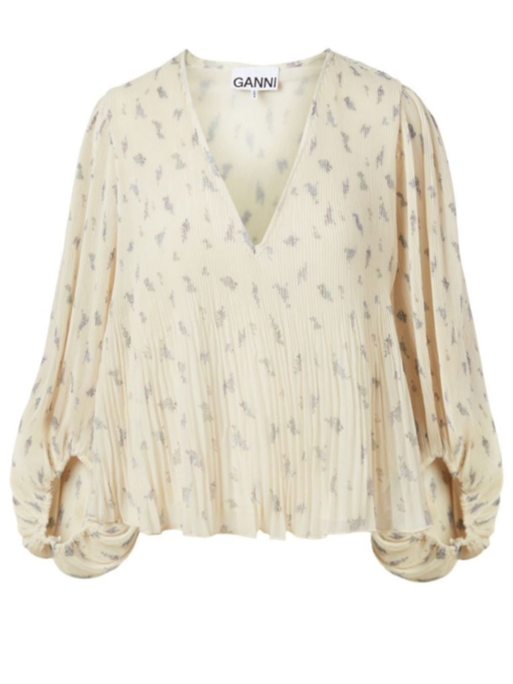 Ganni pleated georgette blouse puff sleeves, floral print in cream/lavender EU36